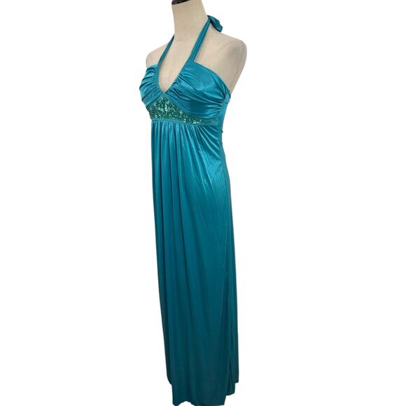 Y2K City Triangles Dress Turquoise Blue Halter Maxi Beaded Sequin Empire Waist S - Picture 4 of 7